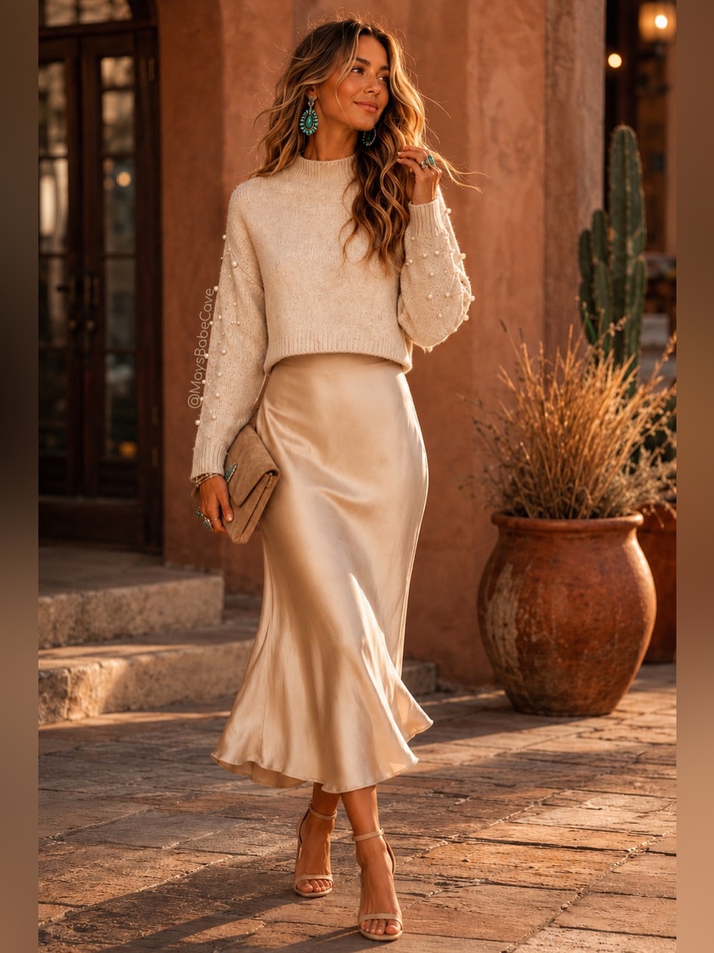 Cupcakes & Cashmere Pearl Sweater Champagne Satin Midi Dress Set Medium